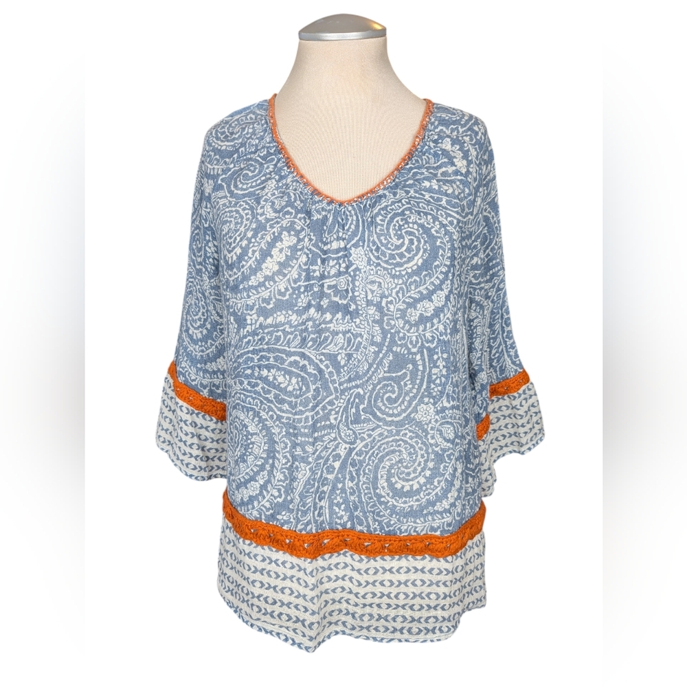 John Mark Multi Patterened Linen Boho Paisley Peasant Top
